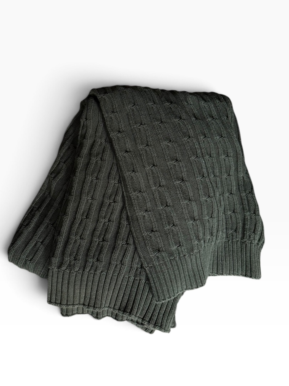Lauren Ralph Lauren 100% Cotton Cable Knit Dark Green Cozy Modern Throw Blanket
